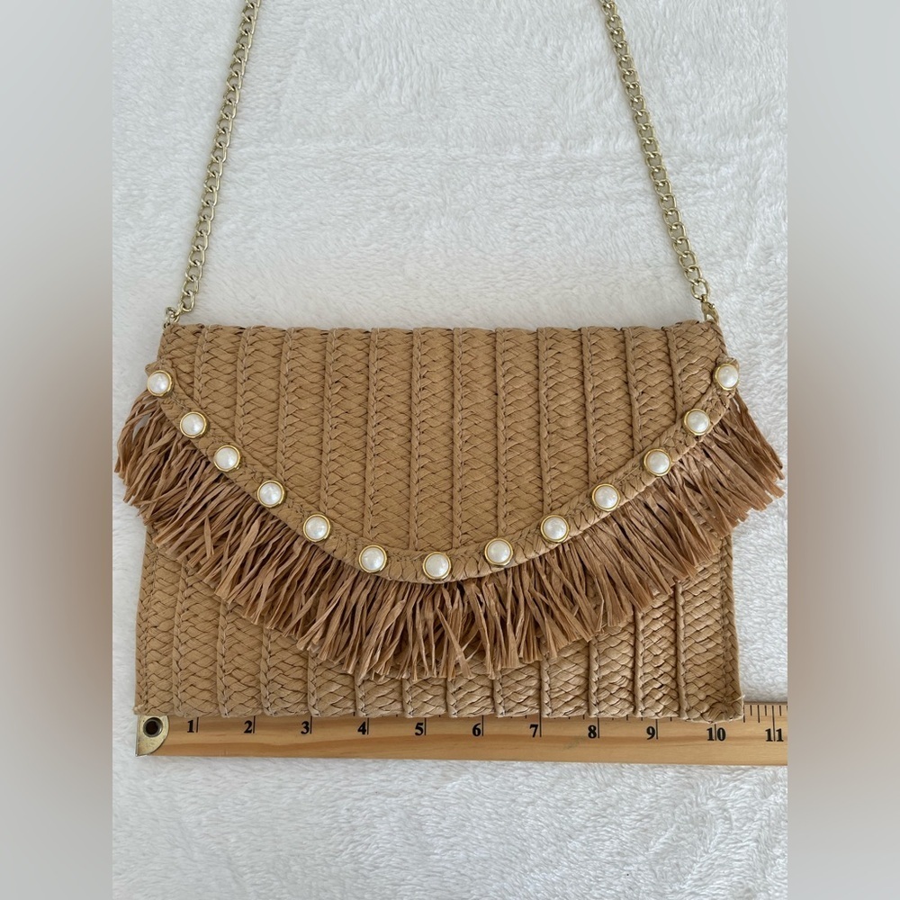 Sol and Mer Paper Straw Faux Pearl Convertible Envelope Clutch With Chain - Picture 16 of 17